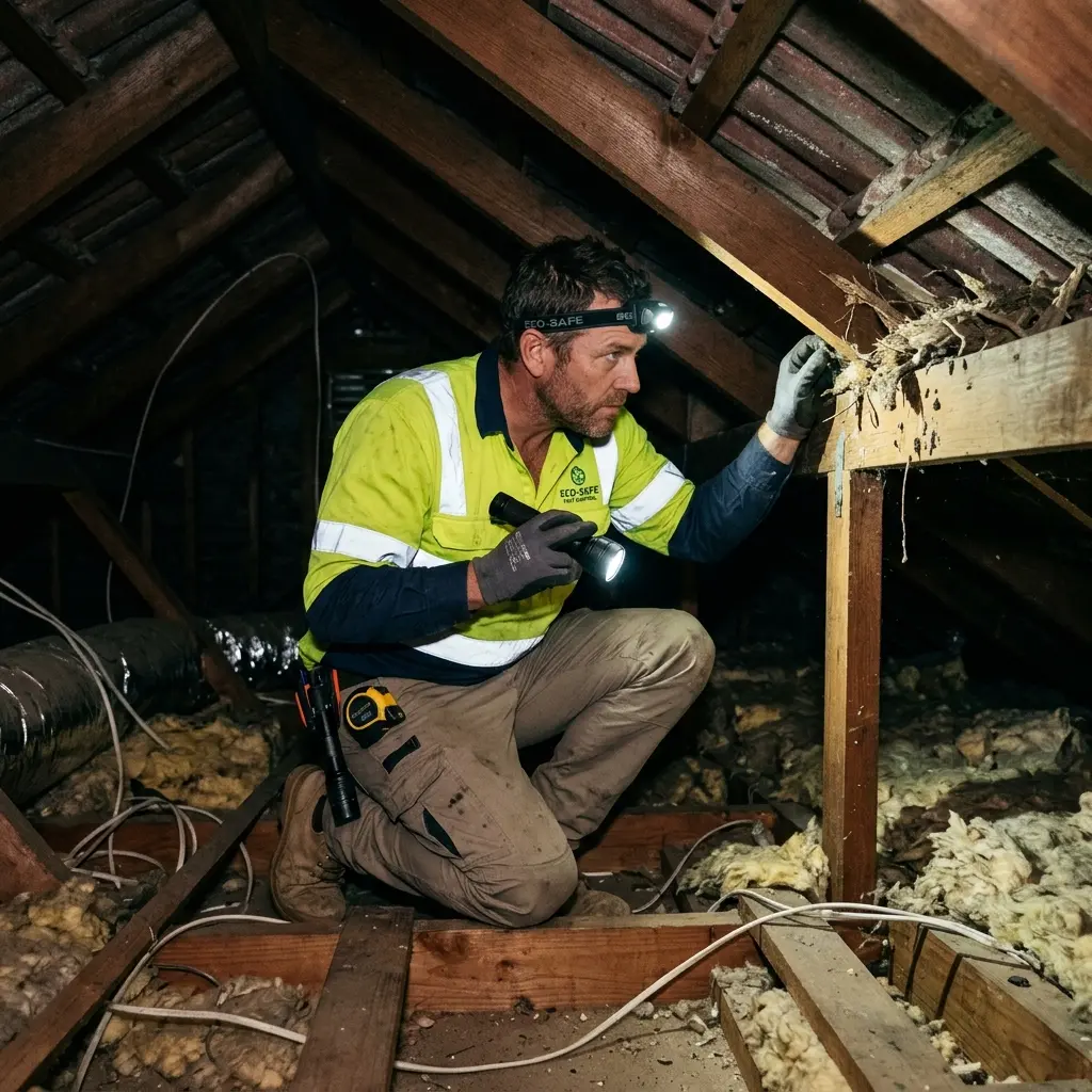 Technician inspecting a Hughesdale subfloor void for a deceased cat