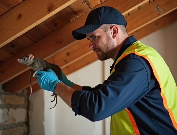 Technician inspecting a roof cavity for a dead rat in Hughesdale
